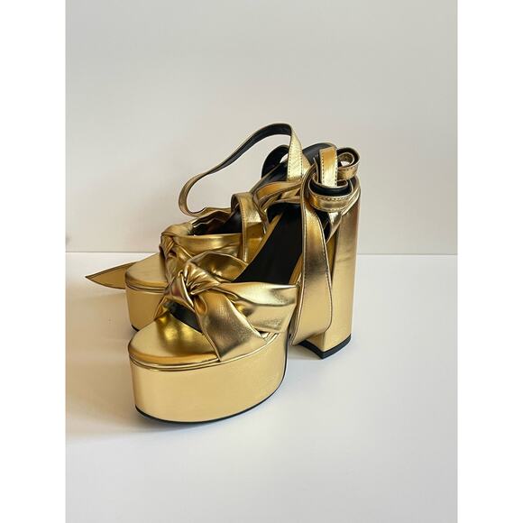 Metallic Lace Up Chunky Heel Platform Heels Open Toe Size 37 or 6.5 - Picture 6 of 11
